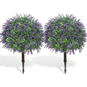 Artificial Lavender Topiary Ball Trees, 2 Set of 20 Artificial Shrub Bushes with Ground Spike,UV Resistant Faux Greenery Shrubs,Fake Evergreen Boxwood Plants for Garden, Yard, Porch, Patio Decor