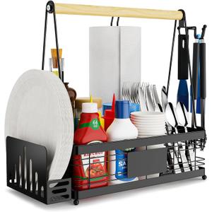 Grill Caddy with Plate Holder and Paper Towel Holder, Picnic BBQ Condiment Utensil Organizer Caddy for Outdoor Cooking, Camping Essential, Camper Must Haves, Grilling Gifts for Men