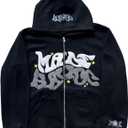 Y2k Hoodies Puff Print Hoodie Grunge Graphic Zip Up Hoodies Y2k Jacket Hip Hop Streetwear Aesthetic Sweatshirts (Medium, 1-black)