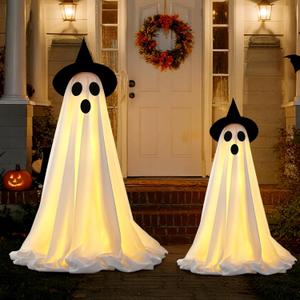 2 Packs Halloween Decorations Outdoor Indoor, 4 FT Ghost Decor with Witch Hat & LED String Lights, Easy Assemble Ghosts, Halloween Decorations for Home Outside Porch Yard Garden Lawn Party