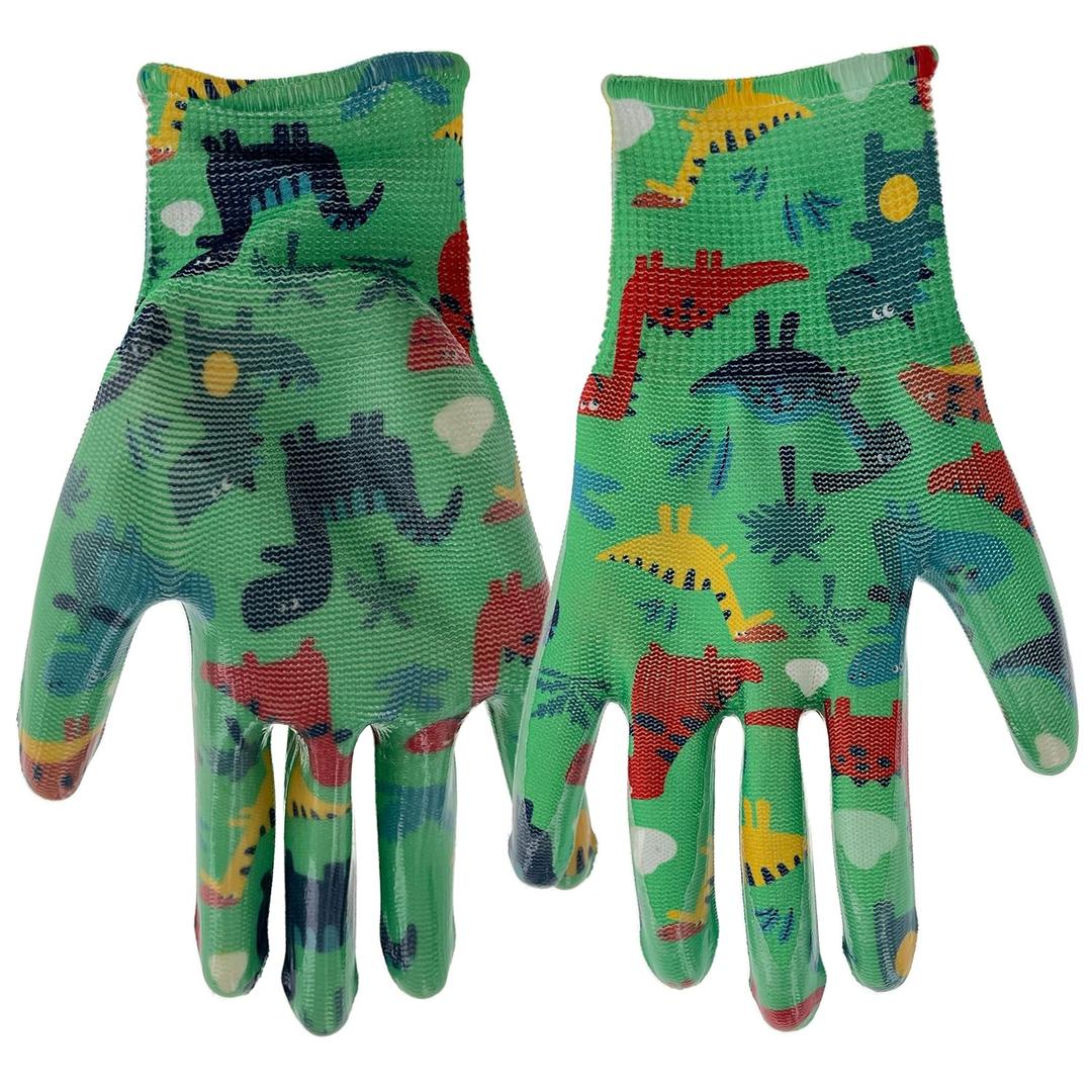 MUD Simply Kids (ages 5-8) Garden Gloves, Nitrile Coating, Lightweight, High Dexterity, Moisture Wicking, Green/Dino Pattern (MD31041M)