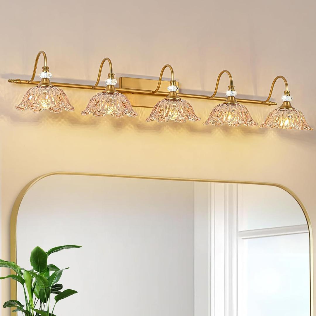 Vintage Bathroom Vanity Light, 5-Light Matte Brass Finish Vanity Light with Floral Amber Glass Shades, Retro Wall Mount Lighting for Bathroom, Living Room
