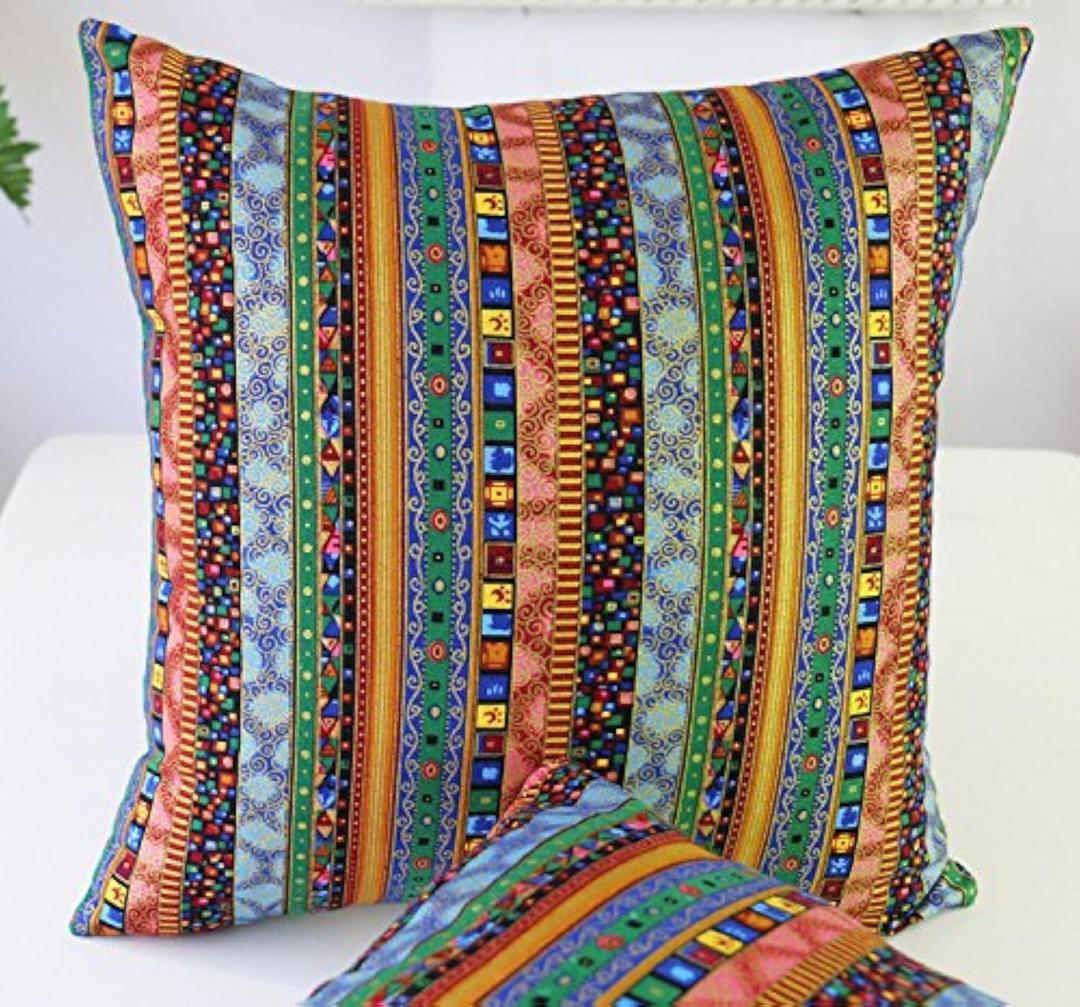 TAOSON Green Stripe Bohemian Style Antique Cotton Blend Linen Sofa Throw Pillowcase Cushion Cover Pillow Cover with Hidden Zipper Closure Only Cover No Insert 18x18 Inch 45x45cm