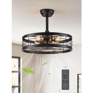 LEDIARY 20 inch Fandelier Caged Ceiling Fan with Light, Bladeless Ceiling Fan with Remote, Farmhouse Fan Lights Ceiling Fixtures for Kitchen, Bedroom, Outdoor(6 Speed, Timing)-Black