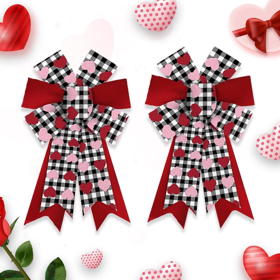 2 Pieces Valentines Bows for Wreath, Valentine's Day Wreath Bows Red Black Buffalo Plaid Bows Heart Craft Bows Ornaments Farmhouse Tree Bows for Front Door Wedding Valentines Decorations