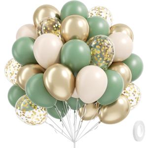 Sage green Balloons, 60pcs 12inch Sage green Sand White Metallic Gold Confetti Balloons for Boho Birthday Wedding Bridal Baby Shower Engagement Party Decorations