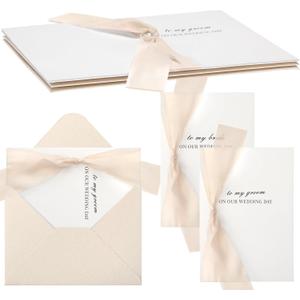 2 Pcs Wedding Day Card to Bride and Groom, with Bow Ribbon and Envelopes, 1 to My Bride and 1 to My Groom on Our Wedding Day Card(Light Nude)