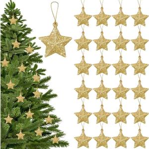 Shappy 48 Pcs Glitter Star Ornaments Christmas Tree Mini Hanging Stars Christmas Decorations Plastic Festive Embellishments for Holiday Party Weddings Home Decoration(Gold)