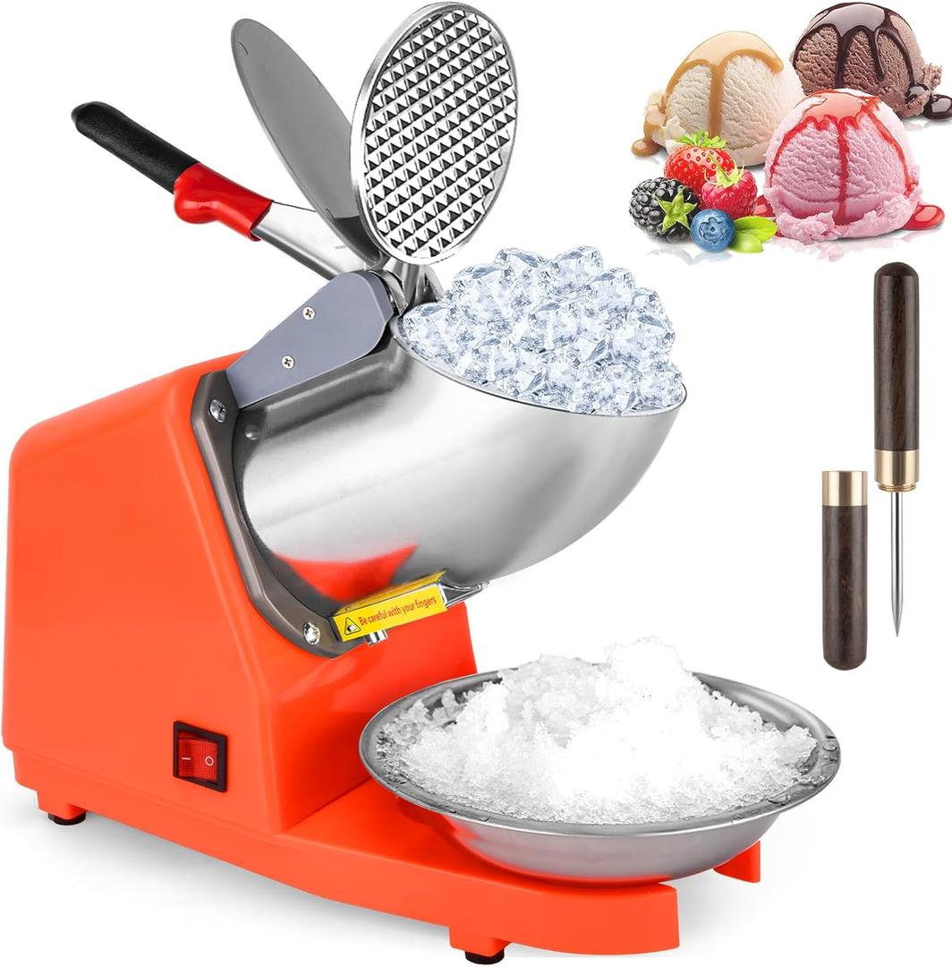 Electric Ice Shaver Crusher - 4 Blades Ice Crusher Shaver, Stainless Steel Shaved Ice Machine Snow Cone Maker (300W 2200r/min) for Home & Commercial Use, Prevent Splash, with Ice Pick & Bowl, Orange