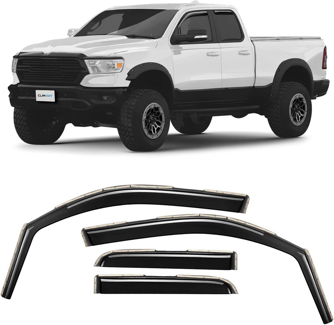 CLIM ART in-Channel Incredibly Durable Rain Guards for Dodge RAM 1500 2019-2025 Quad Cab, Original Window Deflectors, Vent Deflector, Vent Window Visors, Dark Smoke Truck Accessories, 4 pcs- 619363