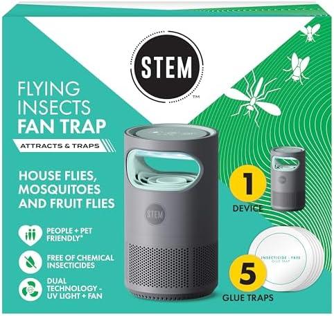 STEM Flying Insect Fan Trap for Indoor Bug Control, Attracts Mosquitoes, Fruit Flies, and House Flies, Plug-in Fan with UV Light, Starter Kit Includes 1 Device and 5 Glue Traps