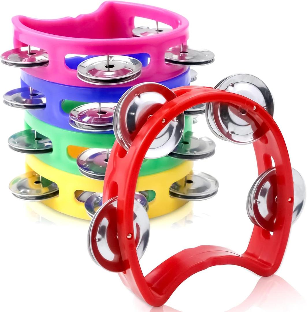 Vmiapxo 4 Pack Colored Tamborines for Kids, Plastic Hand-held Tambourines with 4 Jingle Bells, Mini Percussion Rhythm Musical Instrument for School, Party