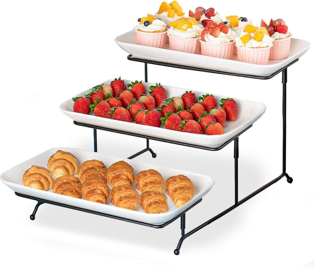 Delling Large 3 Tier Serving Tray Set, 14 Inch Tiered Serving Stand, Sturdier Rack with 3 Porcelain Serving Platters, Suitable for Dessert Table Display Set, Serving Dishes for Entertaining