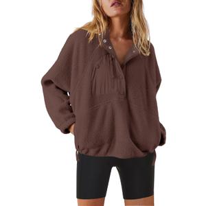 Nirovien Womens Fleece Pullover Long Sleeve Sherpa Jacket Button Down Fuzzy Sweatshirt Warm Outwear with Pockets (Large)