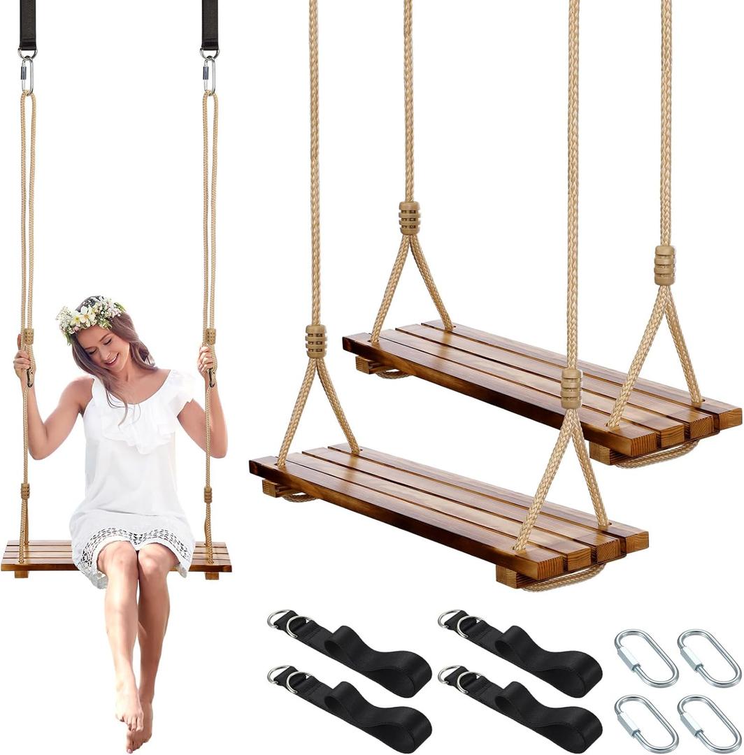 2 Pcs Wood Swing Seat Carbonized Hanging Wood Tree Swing Adjustable Anticorrosive Waterproof 440lbs Load Indoor Outdoor Backyard Play, 24 x 6.3 x 1.42 Inch