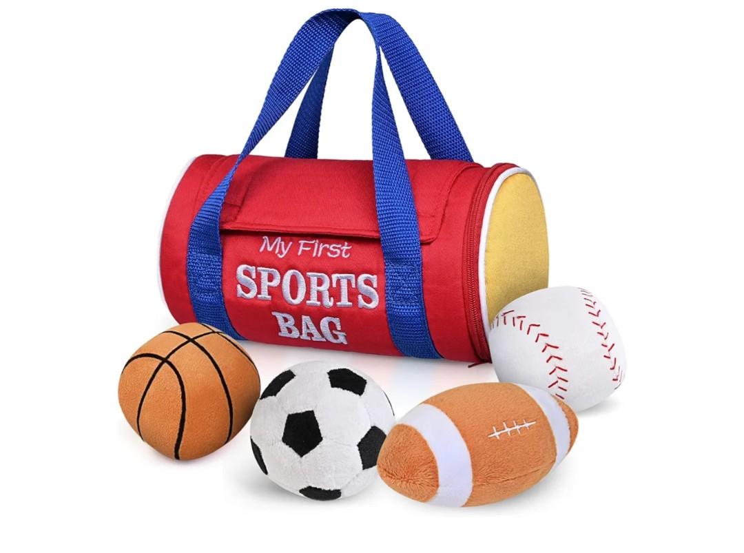 KMUYSL Baby Toys 0-12 Months, My First Sports Bag Plush Toy - 4 Sensory Balls Soft Toys with Crinkle, Rattles for 0-3-6-9-12 Month Newborn Infant, 1st Birthday for Babies Boys Girls Age 1