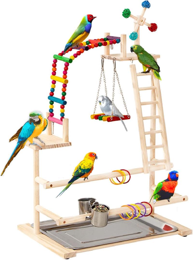 Bird Playground, Wooden Bird Play Stand with Ladder, Swing & Feeder Cups