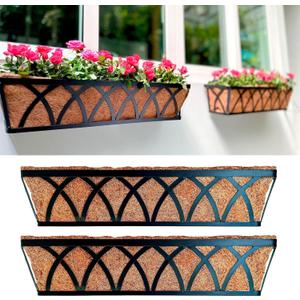 LaLaGreen Wall Planters (2 Pack, 36 Inch) Black Metal Rectangular Hanging Window Planter Box with Coco Liner Attach House Outdoor, Flower Basket Plant Holder Deck Railing Patio Porch Balcony Fence