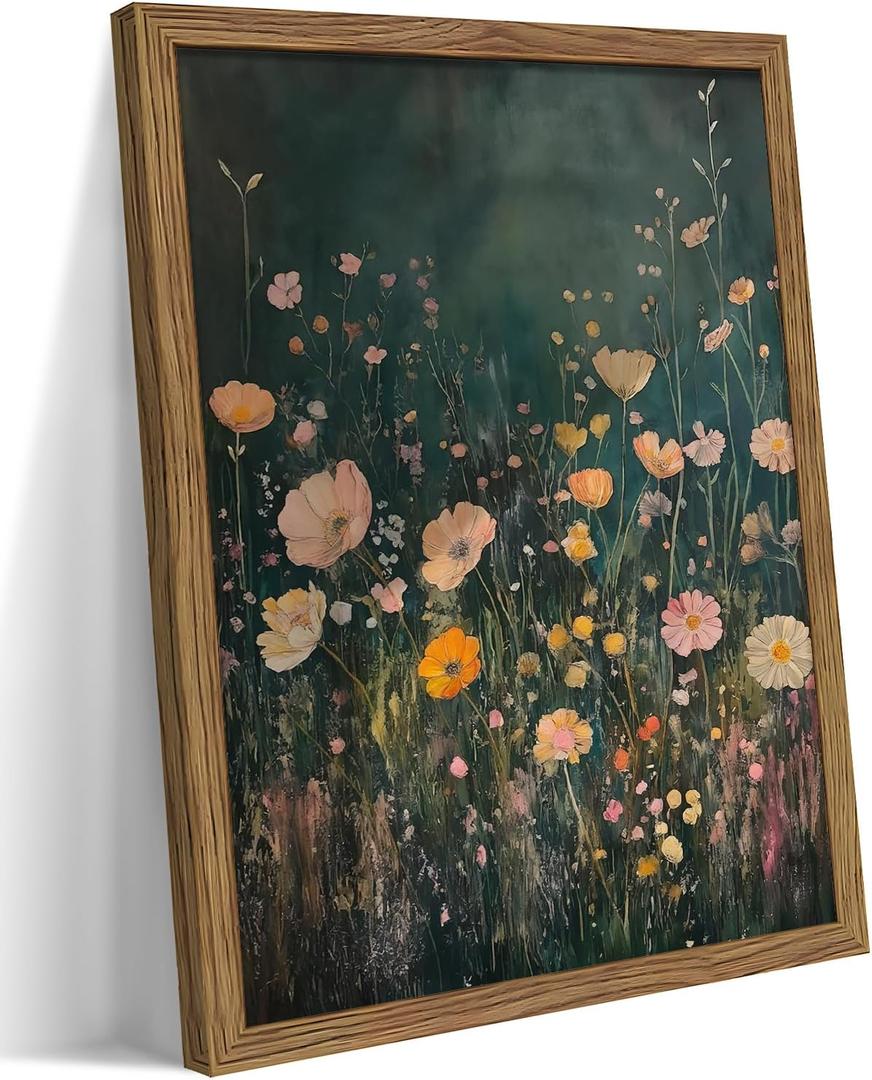 Wood Framed Vintage Wildflower Wall Art, Dark Green Moody Flower Botanical Wall Decor Paintings, Nature Floral Landscape Artwork Posters Prints Pictures for Living Room Bedroom 16x24 Inch