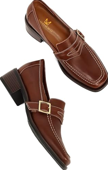 en Classic Penny Loafers Closed Square Toe Patent Low Heel Loafers Slip On Metal Buckle 2" Chunky Heel Comfy Office Ladies Classic Dress Loafer Shoes, Matte Brown, Size 7 M US