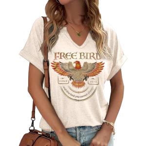 Vintage Rock Roll Concert T-Shirt Women Loose Casual Shirt Tops Funny Skeleton Eagle Graphics V Neck Short Sleeve (Small)