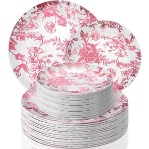 Suclain 60 Pcs Pink Plastic Floral Plates Disposable Heavy Duty White with Pink Floral 9" Dinner Plate and 7" Dessert Plate, Disposable Plastic Plates for Party Birthday Bridal Shower