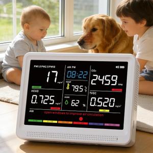 16 in 1 Air Quality Monitor Indoor 10h Battery & 5.5" Display 9 AQI+7 AQI Alerts, CO2 Monitor Air Quality Tester for CO2, TVOC, PM2.5 PM1.0 PM10, HCHO Temperature Humidity AQI & Time Air Quality Meter