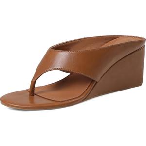 AMINUGAL Wedge Sandals for Women Trendy Dressy Summer Wedges Heels for Women Chunky Heel Open Round Toe Womens flip flops slides Cute Beach Slip On Thong Sandals for Ladies Y2K (Brown, Size 8.5)