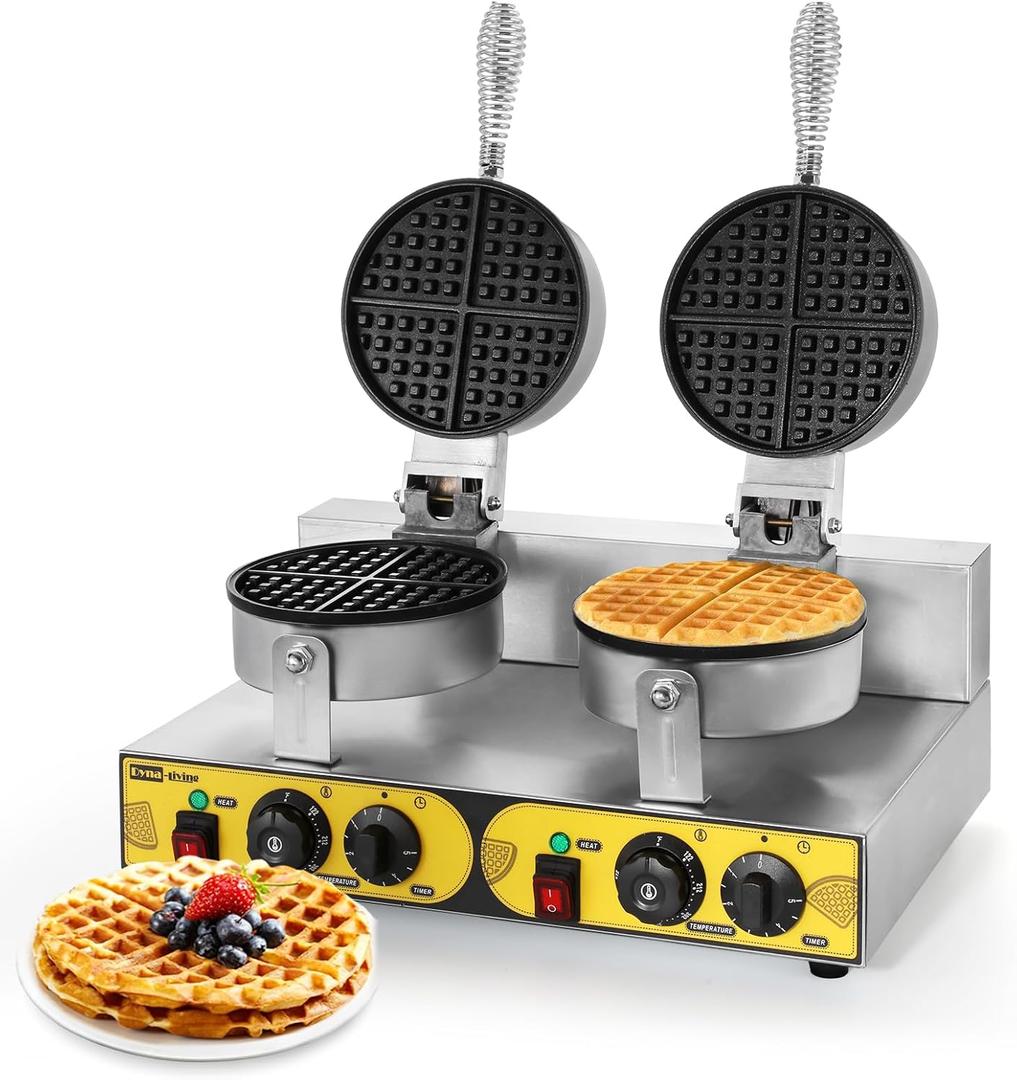 Dyna-Living Commercial Waffle Maker Double Head Waffle Maker, 2400W Non-Stick Commercial Waffle Iron Stainless Steel Waffle Machine for Restaurants, Large Waffle Machine Commercial