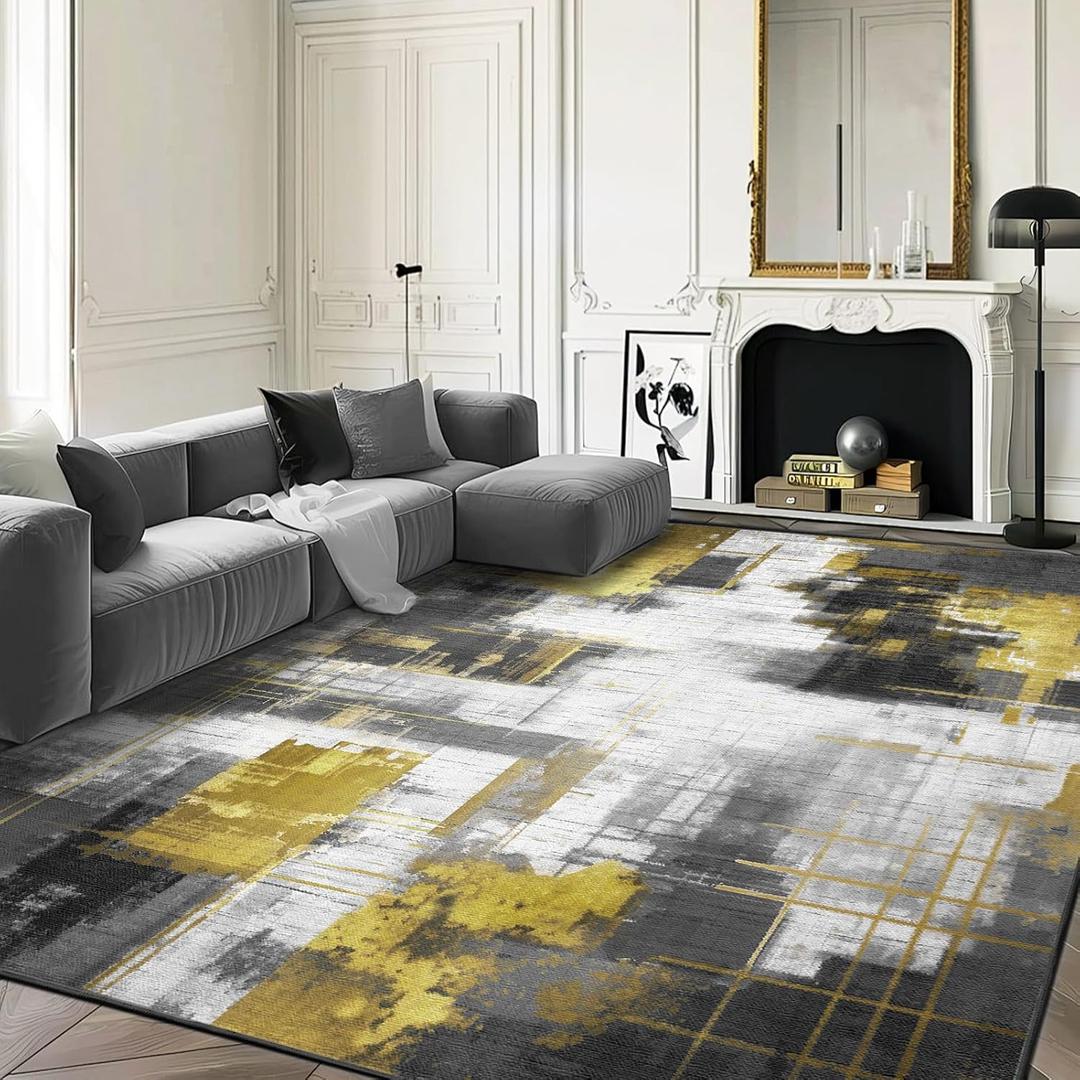 VKLIVING 6'x9' Area Rug Abstract Machine Washable Black Rug, Non-Slip Modern Woven Boho Soft Carpet Washable Rugs for Living Room, Bedroom, Kitchen, Dining, Office & Home Dcor (Black&Gold)