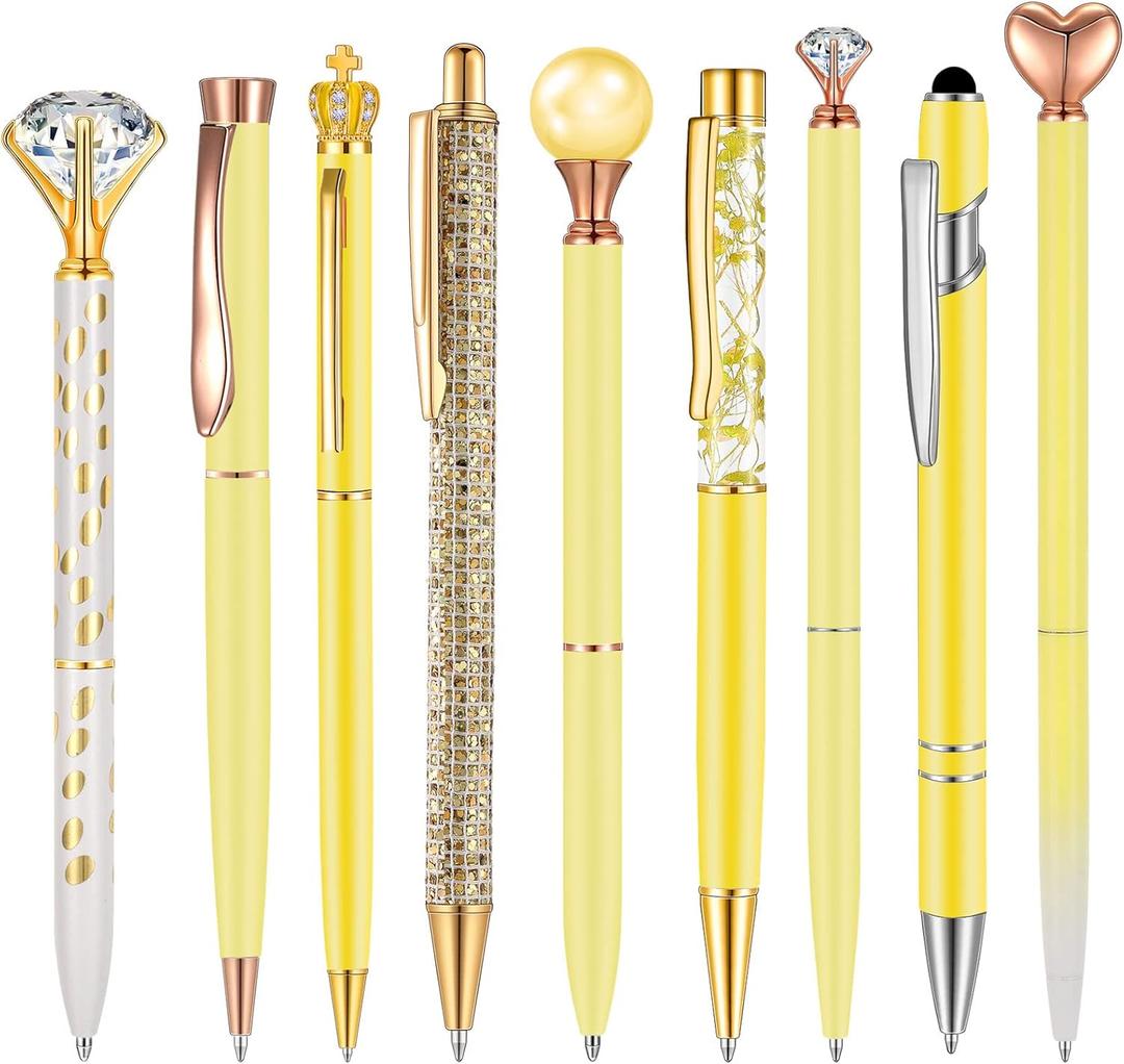 Janmini 9 Pcs Ballpoint Pens Set Metal Crystal Diamond Glitter Pens for Journaling Black Ink Pretty Cute Things Fancy Stationery Gifts for Women Girls Birthday Home Office Desk(Yellow)