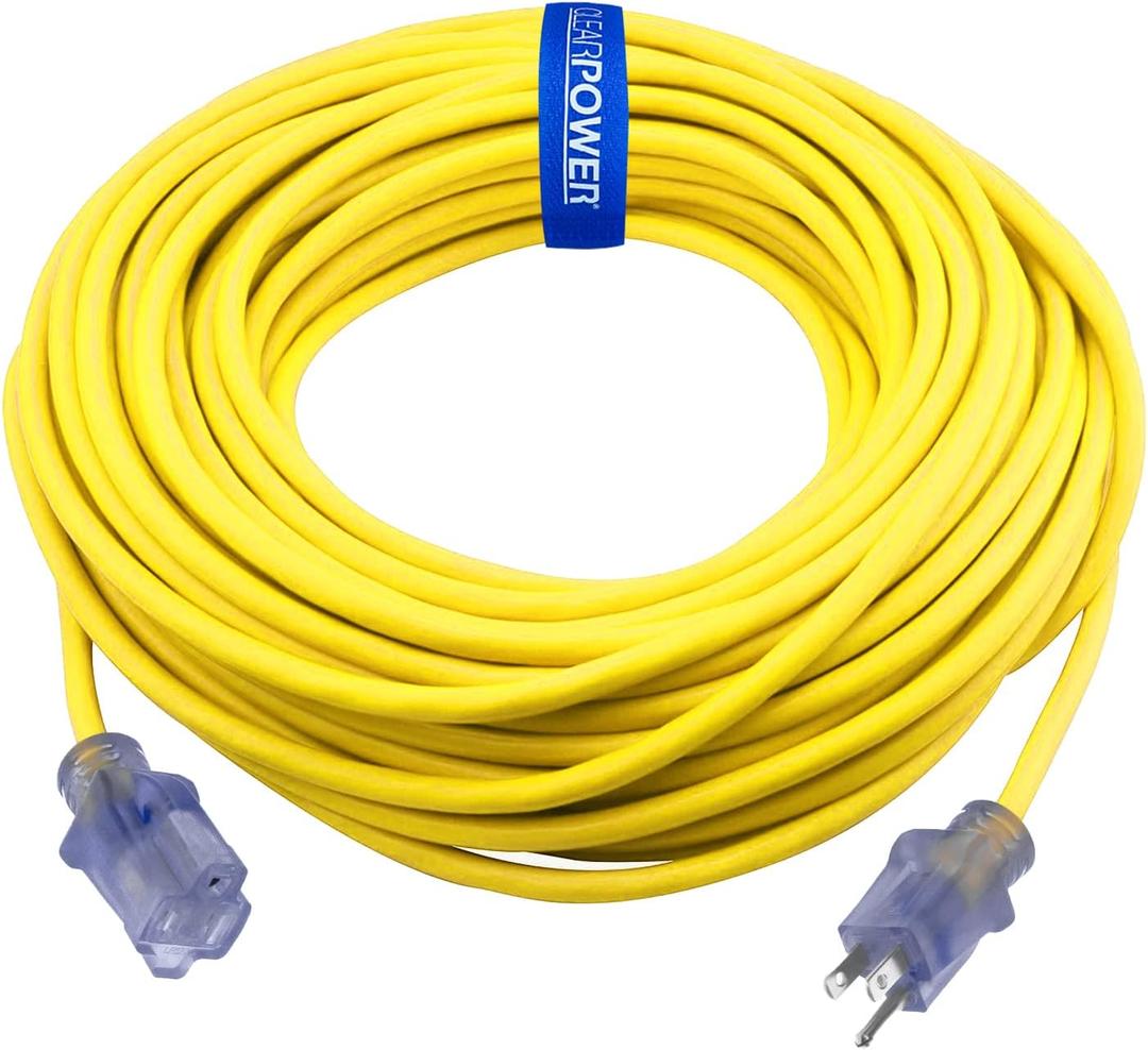 Clear Power 100ft 12/3 SJTW Yellow Outdoor Extension Cord w/Power Indicator Light, CP10149