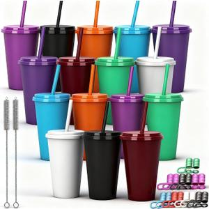 Plastic Tumblers with Lids and Straw, 16 Pack Reusable Iced Coffee Cups for Travel and Parties and Party Birthdays, 24oz (16, Crimson)