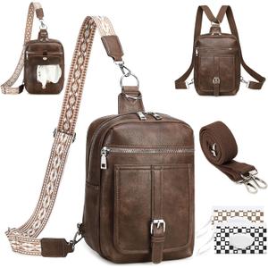 Sling Bag Crossbody Backpack - 2 in 1 Leather Cross Body Bag Fanny Pack with 2 Removable Straps (Coffee)
