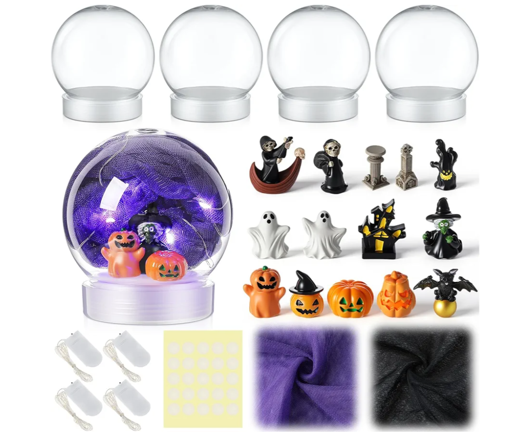 Qunclay 25 Pcs Halloween LED DIY Snow Globe Kit 4 Set Globes Making Kit with Accessories Glitter Pumpkin Witch Castle Bat Ghost Contains for Make Your Own Snow Globes Arts and Crafts Decoration