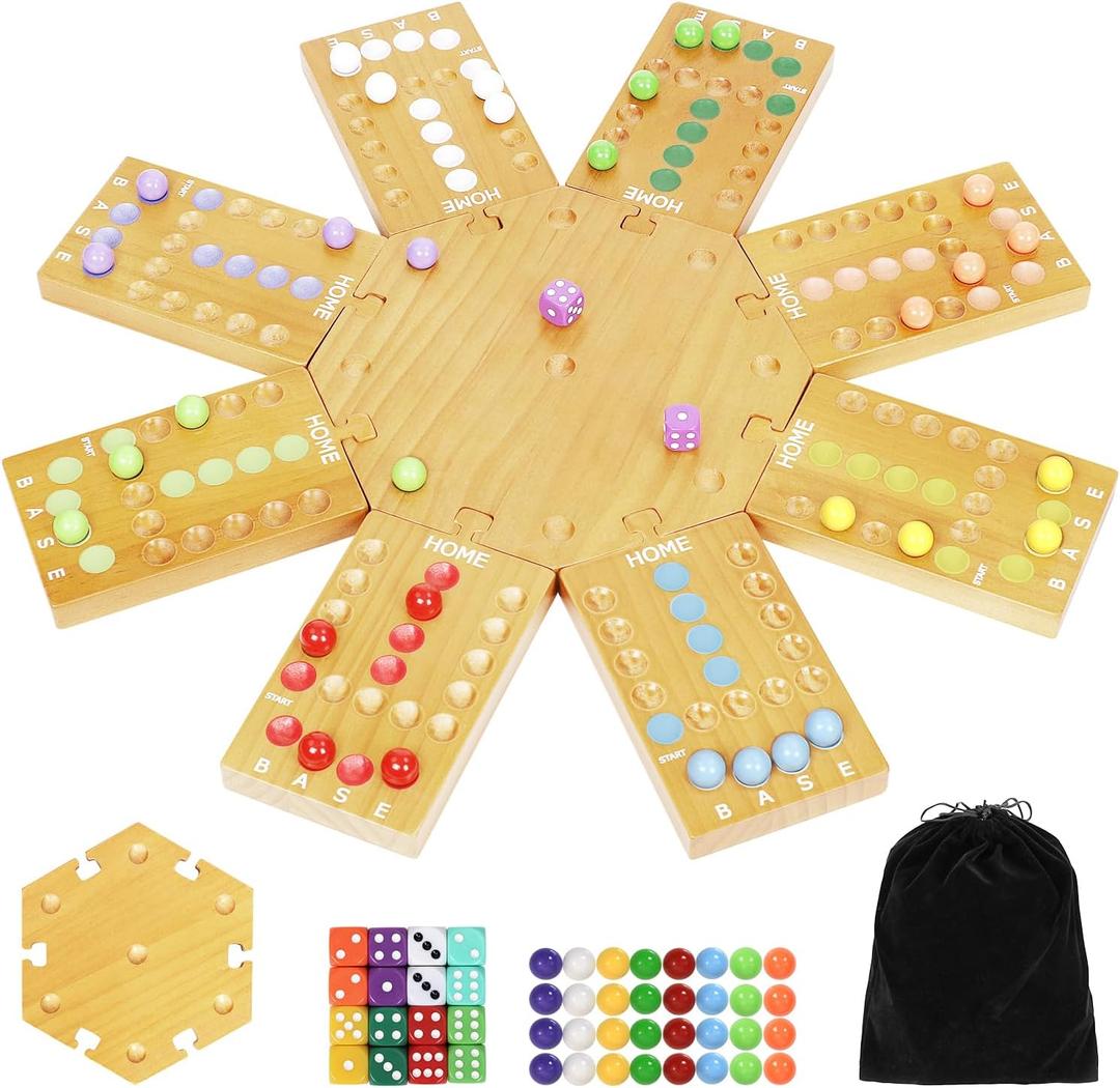 Marble Board Game,Wooden Board Game for 6-8 Players,Portable Design Marble Game with 32 Marbles 16 Dice, Family Game Night Gift for Kids & Adults, 8 inches x 12 inches x 0.1 inches