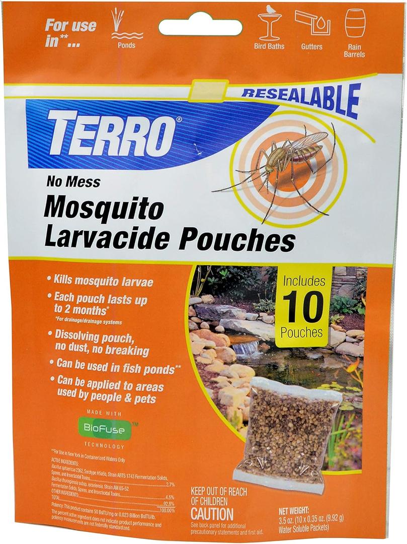 TERRO No Mess Mosquito Larvacide Pouches - 10 Pouches Included - T1210-10 Mosquito Larvacide Packets - Dissolvable Pouch for Stagnant Water
