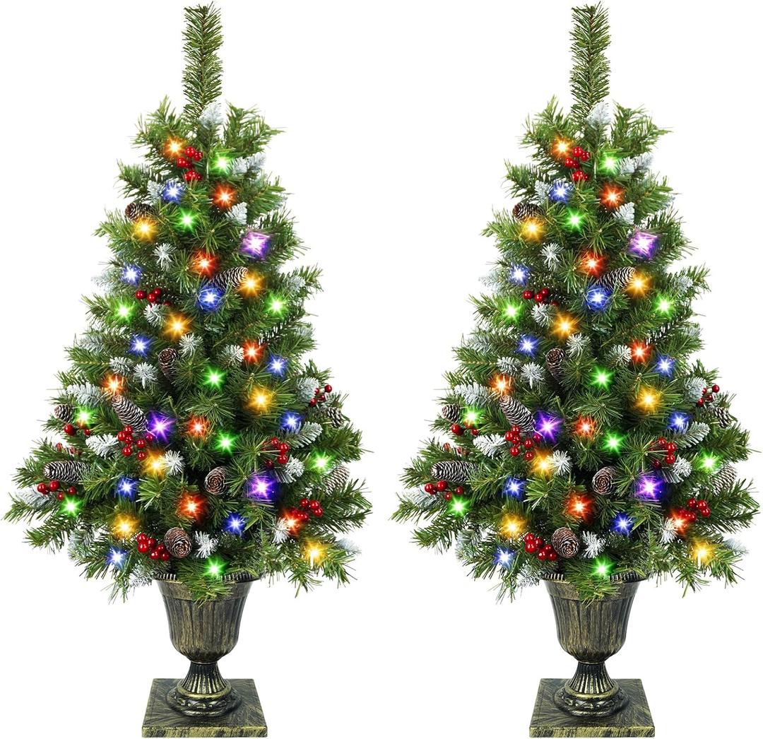 2 Pack 4 Ft Christmas Entrance Tree in Gold Pot Base, Artificial Outdoor Christmas Potted Tree with 80 White White Lights 12 Modes Timer for Porch Front Door Entryway Xmas Decor
