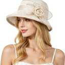 Women Flower Bowler Sun Hat Wide Brim Cloche Bucket Hat Foldable Breathable Wedding Church Tea Party Fascinator (Beige)
