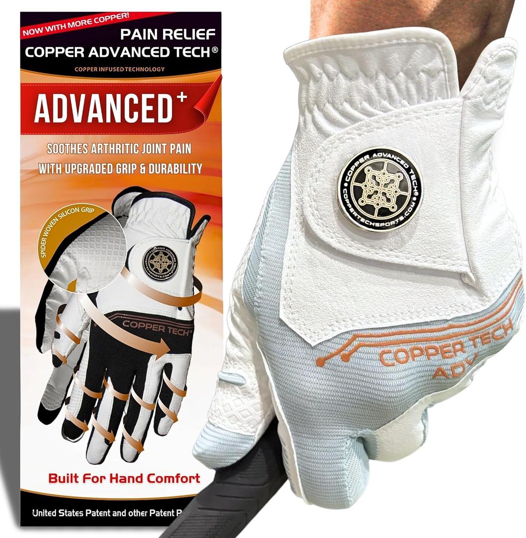 Copper Advanced Tech 2.0 Golf Gloves for Men | Copper Compression Joint Support Golf Glove with Tacky Grip, Tear Resistant Durability, All Weather Grip Control, Comfort for Weak Grip and Arthritis, Medium-Large