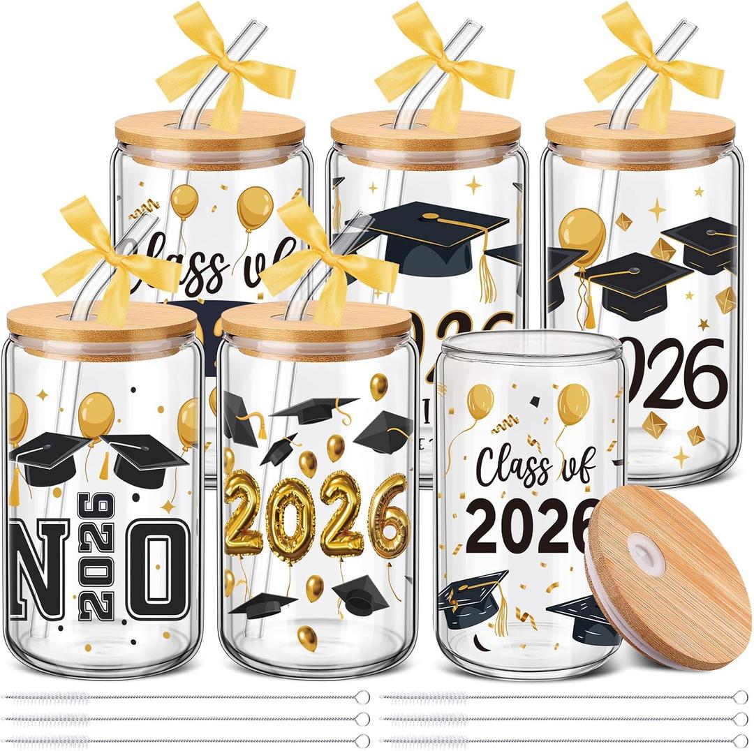 SiliFine 6 Pcs 2026 Graduation Gifts Class of 2026 Graduation Glass Cups with Lids and Straws 16 oz Grad Drinking Tumbler Graduate Iced Coffee Cup for College High School Student Grad Party Favor Gift