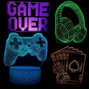 3D Gamepad Night Light with 4 Patterns 3D Hologram Illusion, Dimmable Remote Control, 16 Color Changing LED, Room Decor Earphone Bedside Desk Lamp, 3D Game Over Lamp for Game Lovers