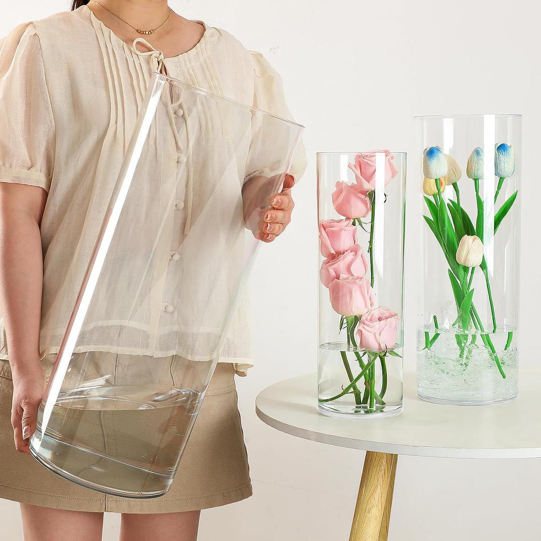 Liotww Extra Large Acrylic Cylinder Clear Vase for Floor, 20 in Tall Big Wide Mouth Plastic Unbreakable Hurricane Flower Vases of 3 for Home Decor (D 8", D 6", D 4.8" + 2 Holder)