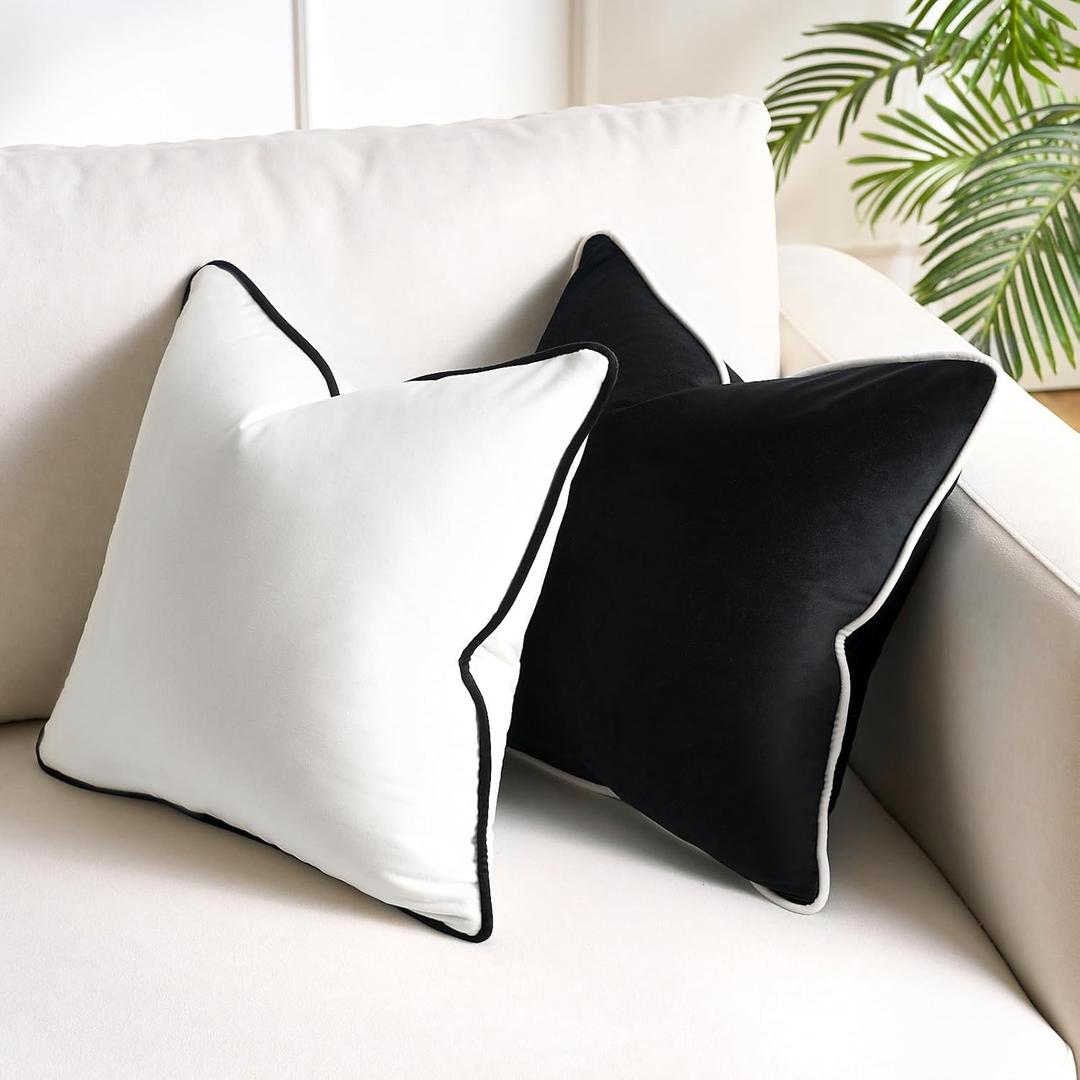 Black and White Pillow Covers for Couch Throw Pillows 18x18 Black and White Decorative Cushion Covers Accent Home Decor Sofa Modern Decorative Neutral Velvet Cases for Bed Bedroom Living Room Set of 2