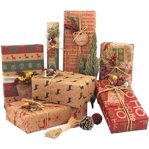 SmoTecQ Christmas Wrapping Paper Sheets – 12 Folded Sheets 70x50cm, 6 Vintage Kraft Designs, Made from Recycled Paper – Includes 10m Jute String & 10 Gift Tags