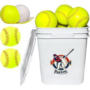 Bucket of 13 Practice Softballs, Official Size and Weight Slowpitch Softball Unmarked Leather Covered Youth Fastpitch Ball Sports Ball for Games, Practice and Training, Yellow