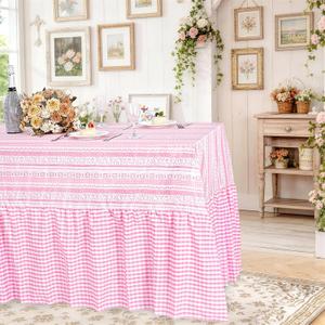 Pink Bunny Easter Tablecloth - Easter Ruffle Waterproof Table Cloth 80 x 120 Inch Spring Flower Rabbit Eggs Rectangle Table Covers for Holiday Picnic Baby Shower Birthday Wedding Party Decoration, Pink Bunny With Checked Ruffle