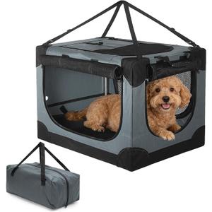 24 inch Small Dog Crate - for Small Dogs, Portable Travel Pet Crate with 4 Mesh Doors, Foldable Car Kennel for Puppy with Handle for Indoor and Outdoor, Gray