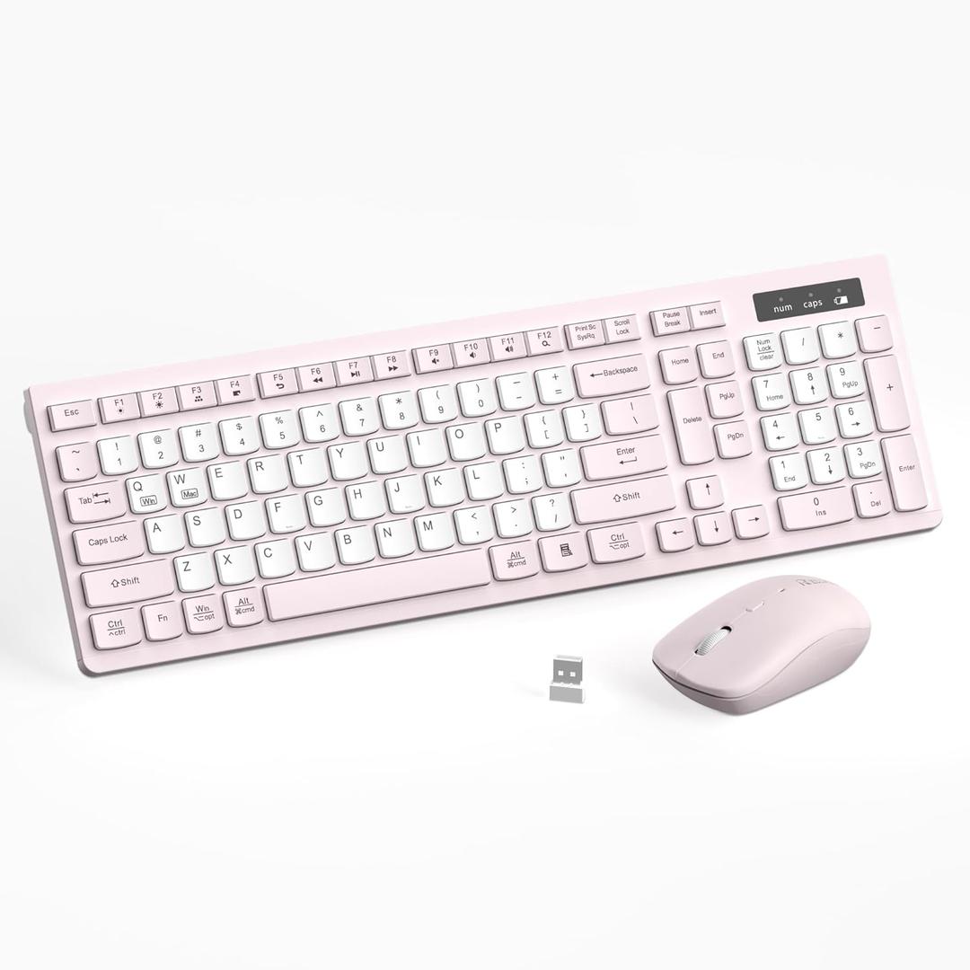 RECCAZR Wireless Keyboard and Mouse Combo, Full-Sized Quiet Wireless Keyboard and Adjustable DPI Mouse, 2.4GHz USB Receiver, Keyboard and Mouse for PC, Windows, Desktop, Laptop (Pink and White-B)