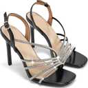 HARENCE Heels for Women Stilettos Sandals: Square Open Toe Strappy High Heeled Ankle Strap Rhinestone Dress Shoes for Wedding Prom Party Bridesmaid (Black)